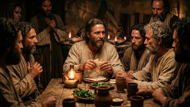Warm intimate shot of Jesus breaking unleavened bread during the Passover meal, Christian communion concept