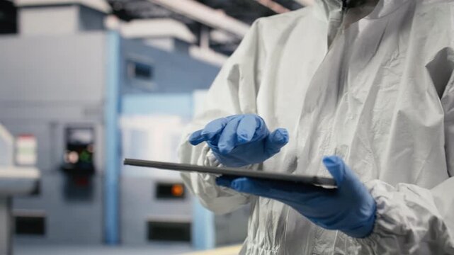 Tracking semiconductor fabrication lots, tablet and worker in cleanroom. Overseeing photolithography machines, device and engineer doing routine facility inspection, camera B