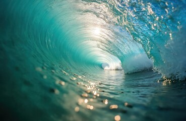 Fototapeta premium Inside ocean wave barrel with clear turquoise water and sunlit splashes. Surfer perspective looking through tube towards light. Dynamic sea motion, beauty, nature.