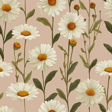 White daisy flowers with yellow centers and green leaves on beige background create modern cottagecore aesthetic floral pattern full of natural beauty and calm elegance