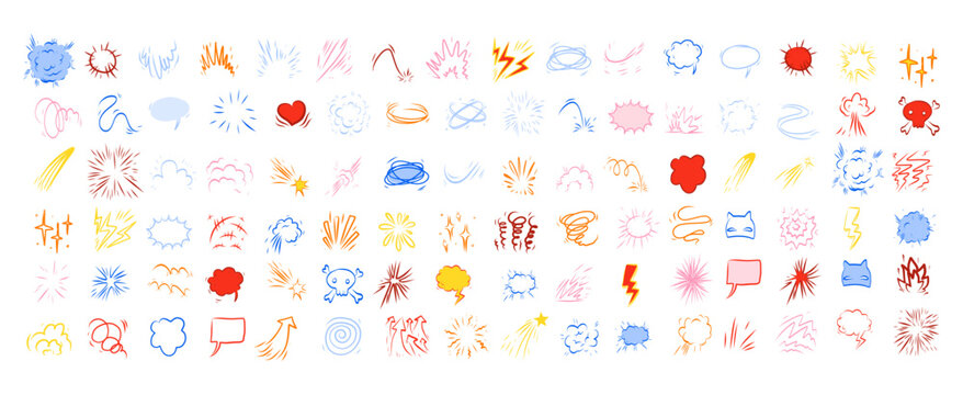Color comic effect manga elements set on clean white background. Bright pop art explosions, bubbles, lightning and text clouds for playful superhero headlines, sales banners and kids comic designs.