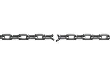 Fototapeta premium Broken metal chain with one link separated, symbolizing freedom, liberation, breaking free, or a weak link on transparent background