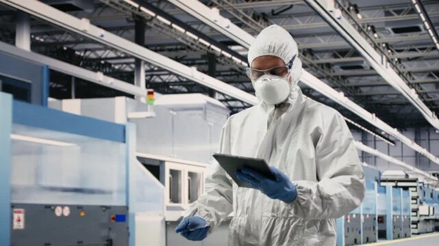 Assessing hardware fabrication, tablet and technician in automated microchip foundry lab. Documenting production yields, device and worker in semiconductor manufacturing plant, camera B