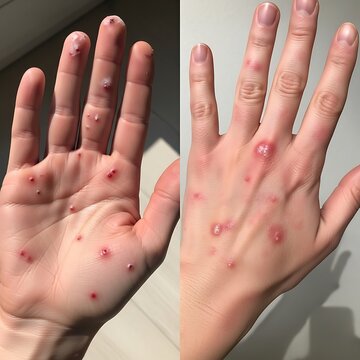 Close up of hands with blisters and sores on fingers and palms.