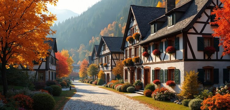 Traditional Bavarian village street lined with timber-framed houses, colorful autumn foliage. Cobblestone path leads past manicured gardens, trees. Mountain scenery forms scenic backdrop in bright