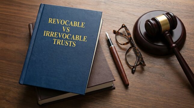 Words "Revocable vs Irrevocable Trusts" written on book near with a gavel on desk