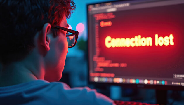 Young person with glasses stares at computer screen showing connection lost error. Frustrated gamer faces internet outage during online play. Problematic digital connection issues.