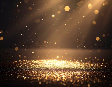 Elegant dark background with glowing glitter confetti, low angle cinematic view with soft spot lighting, premium festive celebration concept