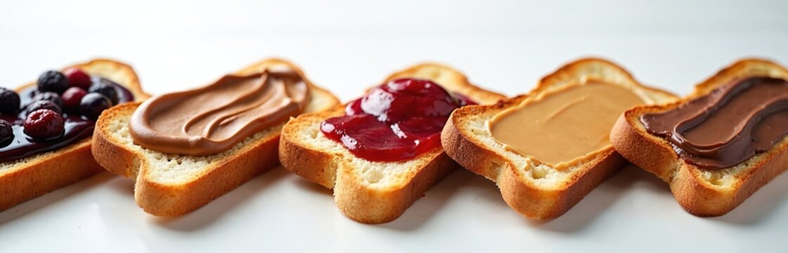Lineup of toasted bread slices with various toppings like berries jam chocolate hazelnut spread and peanut butter. Delicious sweet breakfast or snack assortment with fresh fruits and creamy spreads.