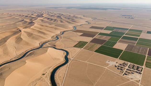 Aerial View of a River Flowing Through Desert Farmland with Irrigation