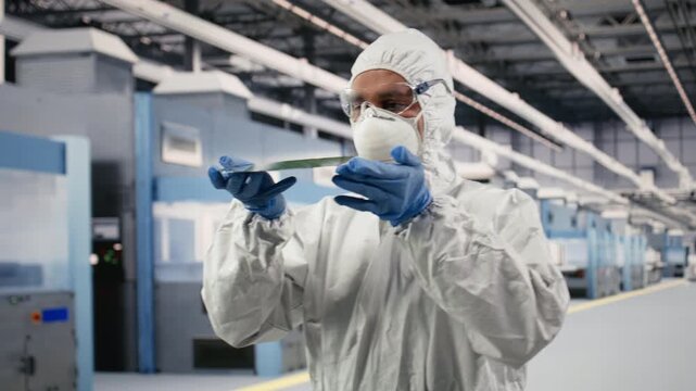 Carrying silicon wafer, advanced materials trailing and careful scientist in research facility. Inspecting delicate semiconductor substrate, photolithography optimization and QC engineer, camera B
