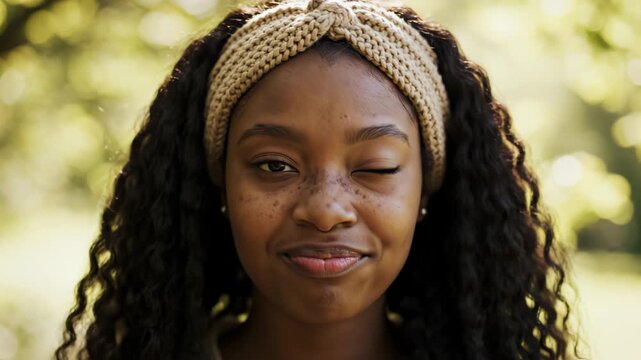 Young woman with curly hair making a playful face