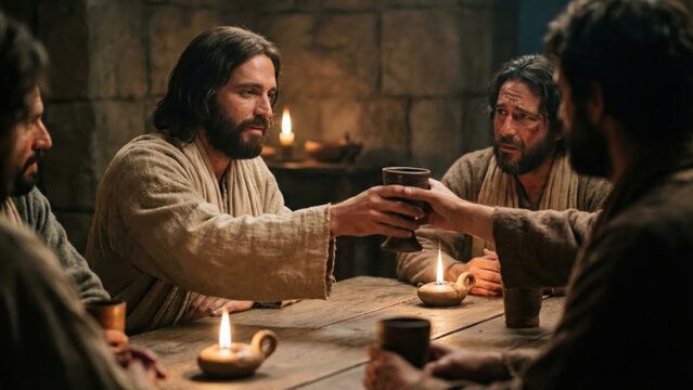 Cinematic shot of Jesus sharing the goblet of red wine with disciples at Passover supper, holy communion