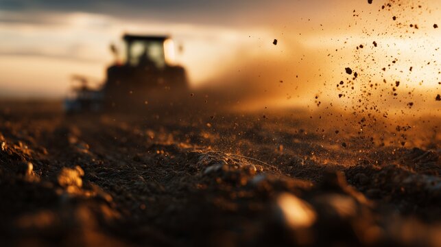 dry farm soil with tractor silhouette sunset agriculture landscape