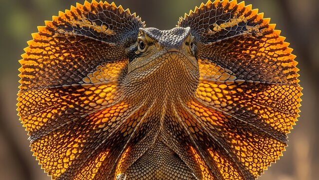 Close up of a frilled lizard displaying its neck frill.
