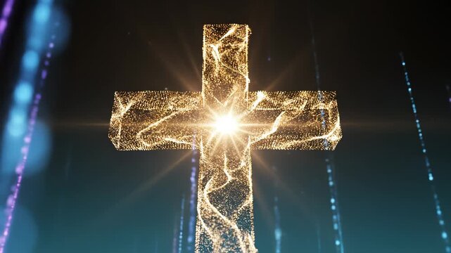 Golden glowing cross with light beams