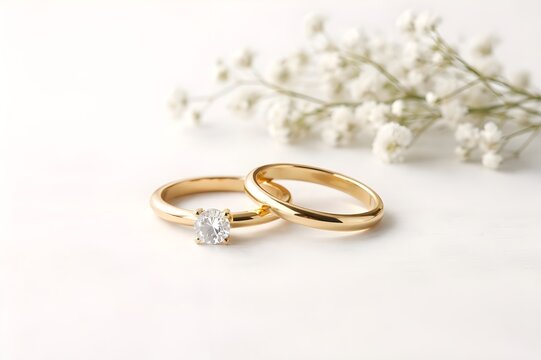 Dos anillos de boda y flores de fondo