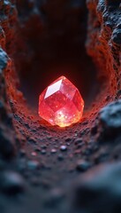 Fototapeta premium Large red gemstone glows in dark mine tunnel. Rough rocks surround precious crystal unearthed from earth. Discovery of valuable mineral treasure.