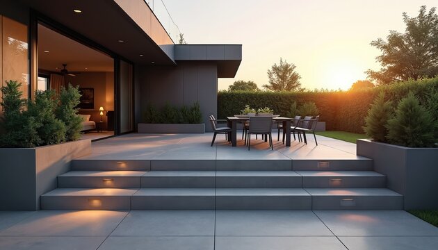 Modern home exterior terrace with dining set. Outdoor lounge deck with recessed lights and neat hedges. Sunset illuminates sleek gray composite.