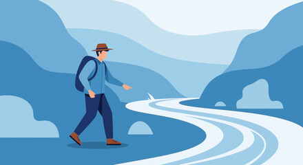 Obraz premium A Lone Voyager Navigates A Serene Mountainous River Path