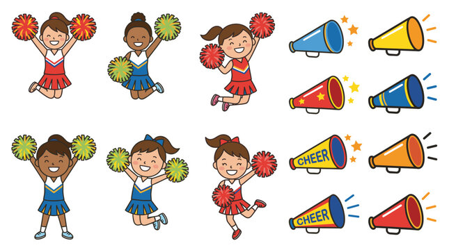 Collection of diverse cartoon cheerleader girls jumping with pom-poms and colorful megaphones, cheering equipment vector set on white, vector illustration, cheer leading