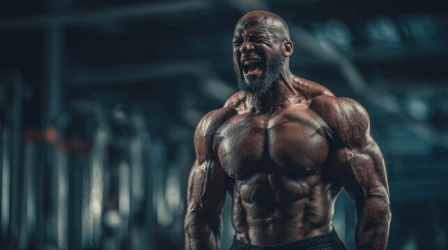 Male bodybuilder shouting during workout in gym environment