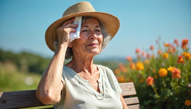 Elderly woman sits on bench in flower garden wiping forehead with cloth. Mature lady wears sun hat, feels hot outdoors. Summer heat affects senior person.
