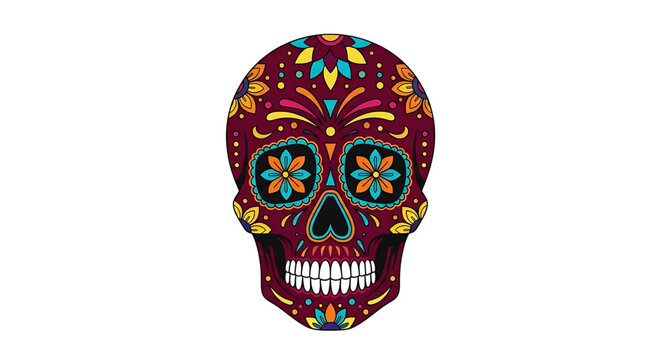A vibrant, colorful sugar skull illustration with floral patterns and designs, symbolizing the Day of the Dead celebration.