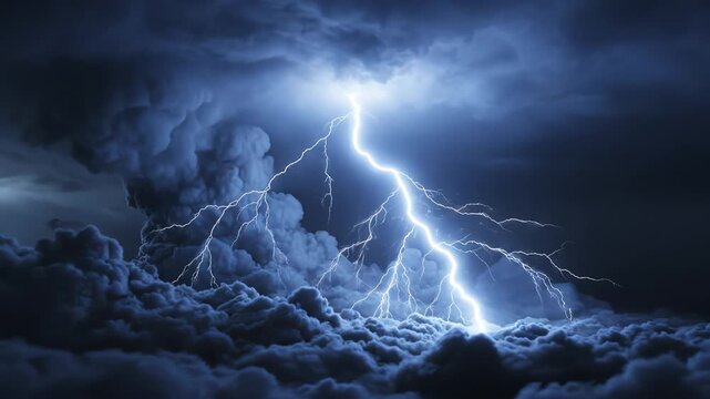 Lightning striking through storm clouds