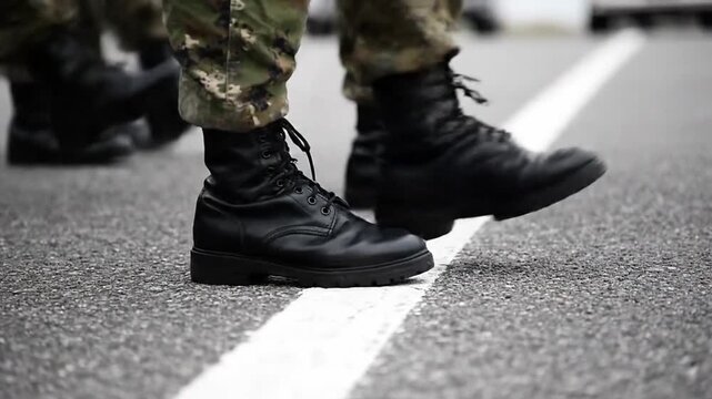 Soldiers march on line.