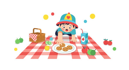 Fototapeta premium Adorable Baby Crawling Towards Cookies At A Cheerful Picnic