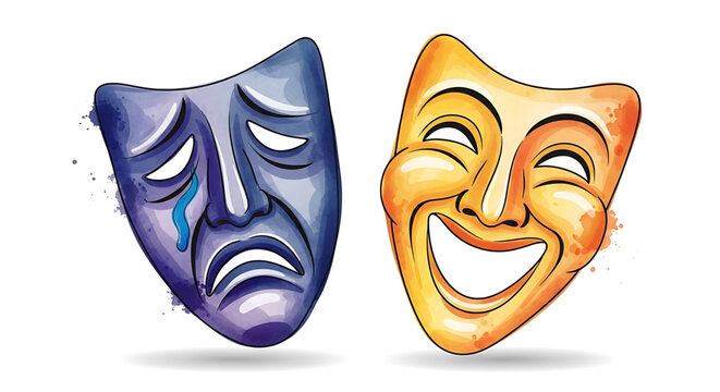 A colorful illustration of comedy and tragedy masks in a modern flat design style