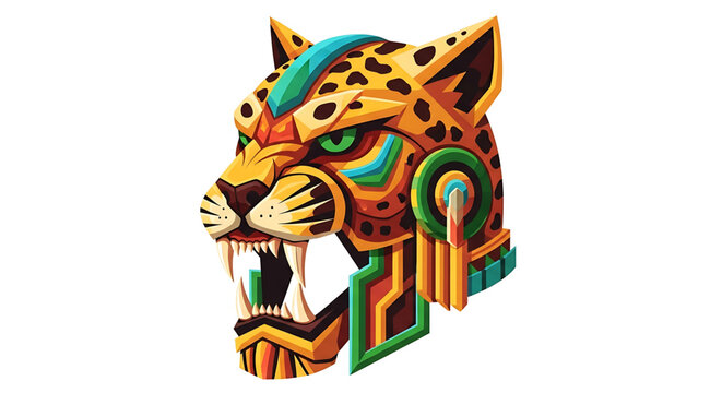 A vibrant, colorful illustration of a jaguar's head with tribal patterns and designs, symbolizing strength and power.