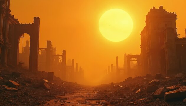 Ruined cityscape bathed in hazy sunset light. Crumbling buildings and debris trash the barren land under a large, bright sun. Deserted urban landscape feels apocalyptic and desolate.