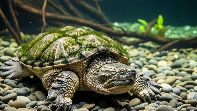 Close up of a snapping turtle underwater on a pebble bed.