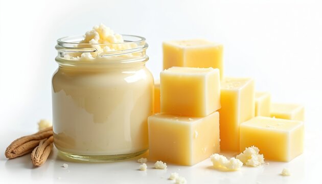 Jar of fluffy white tallow cream next to yellow beeswax cubes. Natural ingredients for beauty and wellness products. Pure organic matter on clean white background.