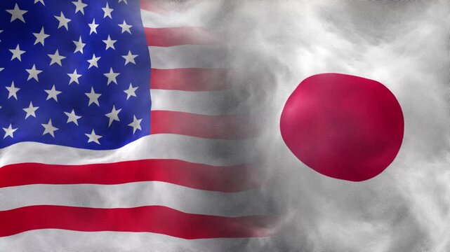 USA and Japan Flags Waving Together with Realistic Fabric Texture. Comparison of United States and Japanese National Flags Waving in Slow Motion. USA and Japan Geopolitical Strategic Partnership.