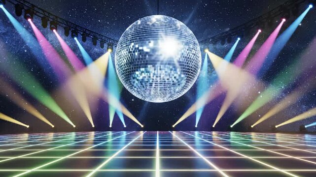 Disco ball with colorful lights on grid floor