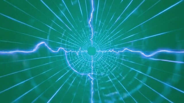 electrocardiogram on green background with blue lines radiating