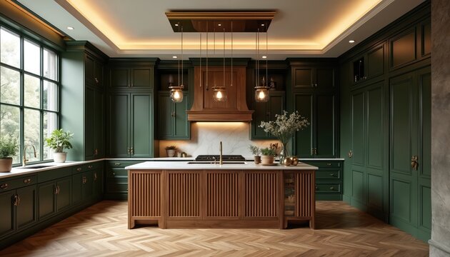 Elegant kitchen with dark green cabinets, rich wood island, and brass lighting fixtures. Modern luxury interior design with warm ambient tones and detailed craftsmanship. Spacious home cooking area.