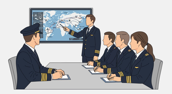 Pilots engaged in an aviation briefing session, with an instructor pointing at a flight route map on a large screen.
