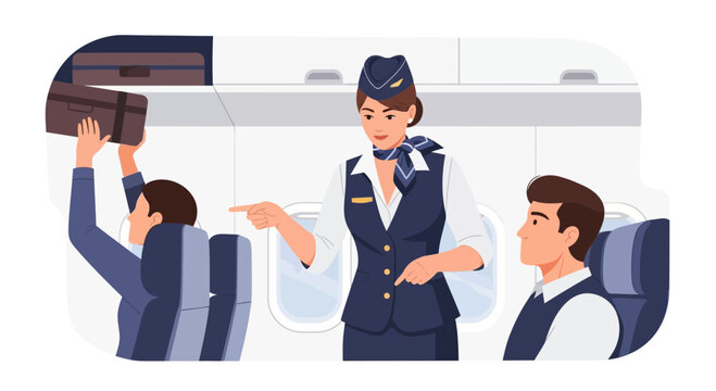 Flight attendant guiding passenger in airplane cabin, illustrating air travel safety and service