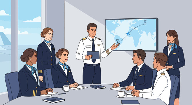 Pilot leading an airline crew meeting with flight plan on a world map presentation