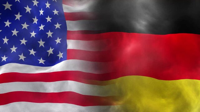 USA and Germany Geopolitical Strategic Partnership Concept with Waving Flags. Comparison of United States and German National Flags Waving in Slow Motion