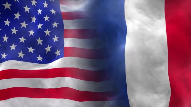 USA and France Geopolitical Strategic Partnership Concept with Waving Flags. USA and France Flags Waving Together with Realistic Fabric Texture