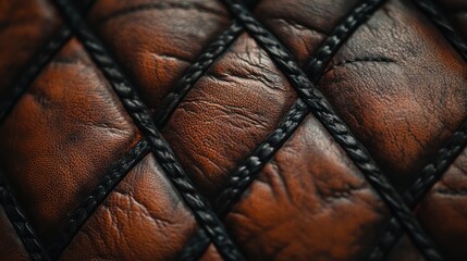 Naklejka premium Close-up of a luxurious brown leather texture with diamond quilting and braided stitching.