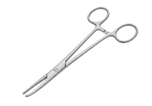 A pair of surgical forceps with a curved tip isolated on transparent background