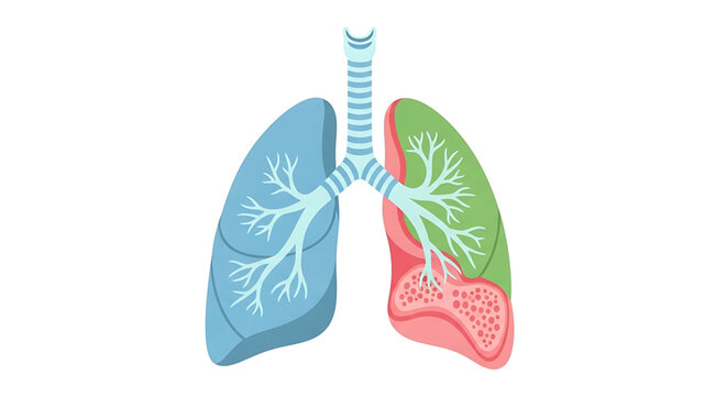 A medical illustration of human lungs with one healthy lung and one diseased lung