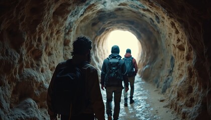 Fototapeta premium Group of hikers with backpacks walk through dark cave tunnel. People explore underground passage towards bright light. Adventurers journey into unknown natural rock formation.