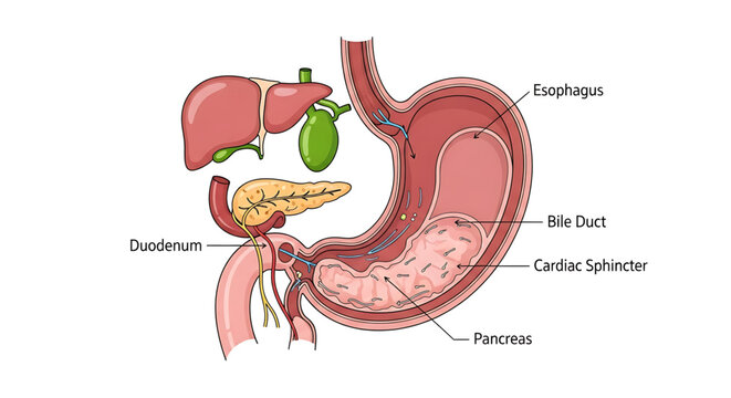 A detailed illustration of the human digestive system with labeled organs and parts.
